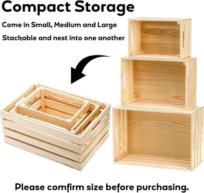 Youeon Set of 3 Rustic Wooden Nesting Crates with Handles, Decorative Wooden Crates, Crate Box Wooden Storage Box for Kitchen, Office, Bedroom, Closet, Rustic Country Decor - Image 4